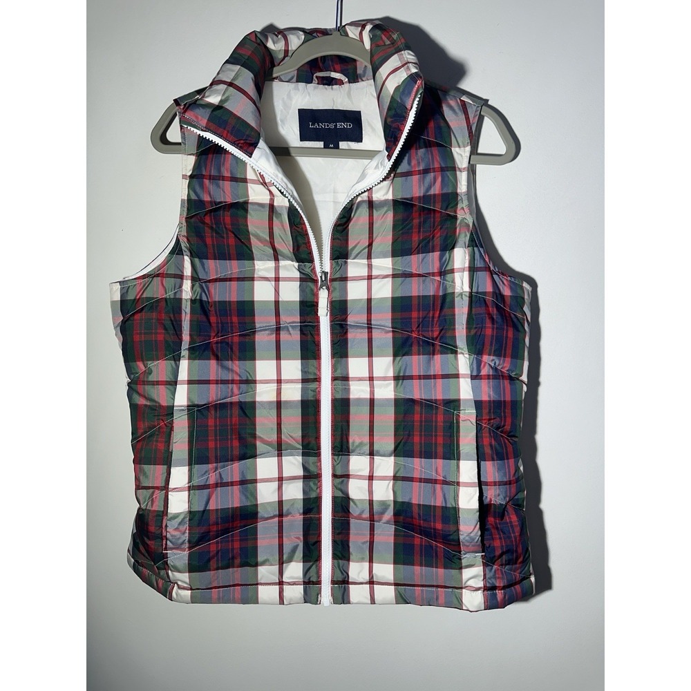 Land's End Down Puffer Vest Women's Medium Full Zip Front Red Tartan Plaid